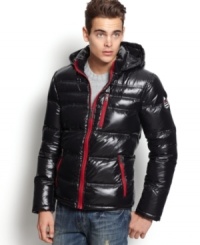 This puffer from Guess is a high voltage addition to your fall and winter wardrobe. This puffer from Guess is a high voltage addition to your fall and winter wardrobe.