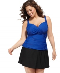 A flattering surplice neckline and plenty of elegant ruching create a sexy - and slimming - effect on Miraclesuit's plus size tankini top. A flattering surplice neckline and plenty of elegant ruching create a sexy - and slimming - effect on Miraclesuit's plus size tankini top.