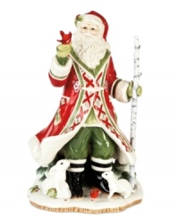 Rabbits, cardinals and other gentle creatures come out to greet Santa, gathering at his feet in this beautifully crafted figurine from Fitz and Floyd. Rabbits, cardinals and other gentle creatures come out to greet Santa, gathering at his feet in this beautifully crafted figurine from Fitz and Floyd.