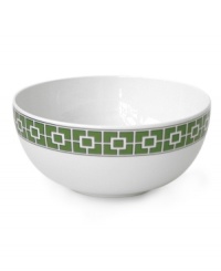 Anything but square, the Nixon serving bowl from Jonathan Adler's collection of serveware and serving dishes shapes things up with a fantastic geo print in green, white and dazzling platinum. Anything but square, the Nixon serving bowl from Jonathan Adler's collection of serveware and serving dishes shapes things up with a fantastic geo print in green, white and dazzling platinum.