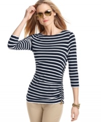 An exposed zipper updates this otherwise classically striped MICHAEL Michael Kors petite top for a look that's chic for spring! An exposed zipper updates this otherwise classically striped MICHAEL Michael Kors petite top for a look that's chic for spring!