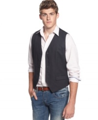 The V stands for versatility with this vest from Kenneth Cole Reaction. Dress it down with jeans or up with pants–either way you'll have a standout look covered. The V stands for versatility with this vest from Kenneth Cole Reaction. Dress it down with jeans or up with pants–either way you'll have a standout look covered.