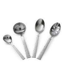 Etched polka-dots on stainless steel lend elegance to your tabletop. Set includes: Sugar spoon, plain tablespoon, pierced tablespoon, and gravy ladle. Etched polka-dots on stainless steel lend elegance to your tabletop. Set includes: Sugar spoon, plain tablespoon, pierced tablespoon, and gravy ladle.