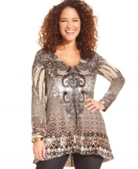 Link up your leggings with One World's long sleeve plus size tunic top, broadcasting a sublimated print. Link up your leggings with One World's long sleeve plus size tunic top, broadcasting a sublimated print.