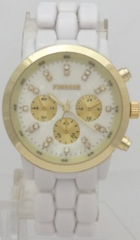 Finesse Quartz Chronograph Look White Plastic Band Gold Case with Rhinestone Finesse Quartz Chronograph Look White Plastic Band Gold Case with Rhinestone