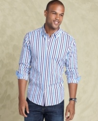 A slim design and vertical stripes give this Calvin Klein button down shirt a flattering and fashionable fit. A slim design and vertical stripes give this Calvin Klein button down shirt a flattering and fashionable fit.