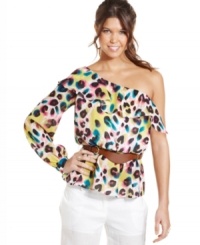 For girls that just want to have fun: XOXO's one-shoulder ruffled top flaunts a colorful print, belted waist and totally playful attitude! For girls that just want to have fun: XOXO's one-shoulder ruffled top flaunts a colorful print, belted waist and totally playful attitude!