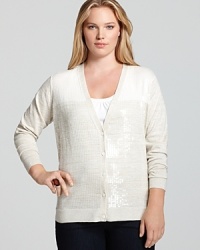 Shimmering sequins lend chic luster to a classic Jones New York Collection Plus cardigan for a luminous approach to layering. Shimmering sequins lend chic luster to a classic Jones New York Collection Plus cardigan for a luminous approach to layering.