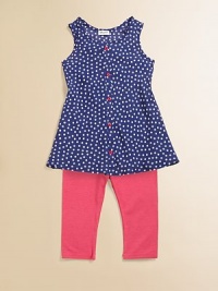 Pretty little polka dots and contrasting buttons add punch to a charming, flared tunic, paired with soft leggings.Round necklineSleevelessPullover styleFlared hemElastic waist47% pima cotton/47% modal/6% spandexMachine washImported Pretty little polka dots and contrasting buttons add punch to a charming, flared tunic, paired with soft leggings.Round necklineSleevelessPullover styleFlared hemElastic waist47% pima cotton/47% modal/6% spandexMachine washImported