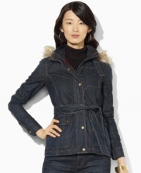 Lauren Jeans Co.'s rugged denim jacket is designed with a detachable faux-fur-trimmed hood and a flattering belted waist. Lauren Jeans Co.'s rugged denim jacket is designed with a detachable faux-fur-trimmed hood and a flattering belted waist.