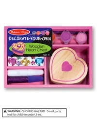 Looking for the perfect spot for storing special treasures? This kit includes a heart-shaped wooden keepsake box, glitter and craft glue, colorful gems, 4 pots of paint and a brush! A perfect activity for parties or rainy days. Looking for the perfect spot for storing special treasures? This kit includes a heart-shaped wooden keepsake box, glitter and craft glue, colorful gems, 4 pots of paint and a brush! A perfect activity for parties or rainy days.