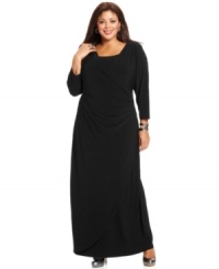 Look sensational and slender with Elementz' three-quarter sleeve plus size maxi dress, featuring a slimming panel inset and faux wrap design. Look sensational and slender with Elementz' three-quarter sleeve plus size maxi dress, featuring a slimming panel inset and faux wrap design.