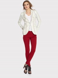 Single-button jacket in a timeless striped print with front flap pockets and a cutaway hem. Notched lapelButton frontFront flap pocketsLong sleeves with buttoned cuffsBack ventFully linedAbout 19 from natural waist55% linen/40% cotton/5% polyesterDry cleanMade in USA of Italian fabricModel shown is 5'10 (177cm) wearing US size 2. Single-button jacket in a timeless striped print with front flap pockets and a cutaway hem. Notched lapelButton frontFront flap pocketsLong sleeves with buttoned cuffsBack ventFully linedAbout 19 from natural waist55% linen/40% cotton/5% polyesterDry cleanMade in USA of Italian fabricModel shown is 5'10 (177cm) wearing US size 2.