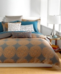 Bold, abstract designs and geometric patterns are the focal point of the Bar III Graffiti Dot comforter. The pairing of deep gray and fluorescent orange hues create a distinctive design contrast, while 230-thread count cotton sateen fabric provides a layer of elegance. Bold, abstract designs and geometric patterns are the focal point of the Bar III Graffiti Dot comforter. The pairing of deep gray and fluorescent orange hues create a distinctive design contrast, while 230-thread count cotton sateen fabric provides a layer of elegance.