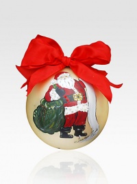 This cheerful glass ornament is decorated with a jolly Santa, list in hand.Arrives in green velvet gift box 2¾ diam. Imported 