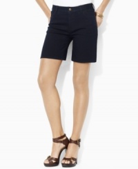 Lauren by Ralph Lauren's petite classic-fitting stretch denim shorts are a casual essential rendered in a bold hue for modern style. Lauren by Ralph Lauren's petite classic-fitting stretch denim shorts are a casual essential rendered in a bold hue for modern style.