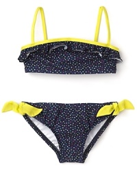Every visit to the pool or the beach becomes a party with this confetti-print swim set featuring multicolored dots and sunny yellow contrast straps and bows. Every visit to the pool or the beach becomes a party with this confetti-print swim set featuring multicolored dots and sunny yellow contrast straps and bows.