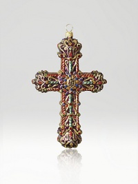 The Heritage of Jay Strongwater began as the bejeweled frame with beautiful stone settings and scrolls, becoming the source of inspiration for this season's new glass ornament collection. This ornament is mouth blown and decorated in Poland with a wonderful team of old world craftsmen. Detailed with crystals, hand applied jewel tone colors and scrolls as if it were a fine piece of jewelry.GlassCrystalMouth blownHand-painted and hand-set6H X 3.5W X 1.25DImported The Heritage of Jay Strongwater began as the bejeweled frame with beautiful stone settings and scrolls, becoming the source of inspiration for this season's new glass ornament collection. This ornament is mouth blown and decorated in Poland with a wonderful team of old world craftsmen. Detailed with crystals, hand applied jewel tone colors and scrolls as if it were a fine piece of jewelry.GlassCrystalMouth blownHand-painted and hand-set6H X 3.5W X 1.25DImported