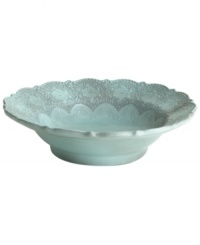 Handcrafted in the Italian tradition, the Merletto serving bowl is intricately embellished with a lacy floral texture and painted a serene aqua hue. An elegant companion to Arte Italica dinnerware. Handcrafted in the Italian tradition, the Merletto serving bowl is intricately embellished with a lacy floral texture and painted a serene aqua hue. An elegant companion to Arte Italica dinnerware.
