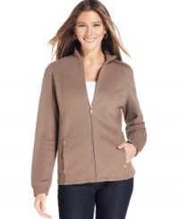 Karen Scott's cozy zip-up is an ideal layering piece for cooler days. Pair it with a tee and jeans for casual style! Karen Scott's cozy zip-up is an ideal layering piece for cooler days. Pair it with a tee and jeans for casual style!