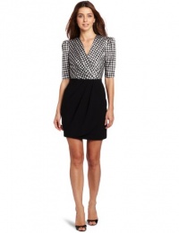 Vince Camuto Women's Short Sleeve Mixed Media Houndstooth Wrap Dress, Rich Black, 4 Vince Camuto Women's Short Sleeve Mixed Media Houndstooth Wrap Dress, Rich Black, 4