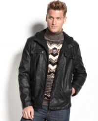 The temperature won't be the only thing that's cool when you're sporting this faux-leather, hooded bomber jacket from Kenneth Cole Reaction. The temperature won't be the only thing that's cool when you're sporting this faux-leather, hooded bomber jacket from Kenneth Cole Reaction.