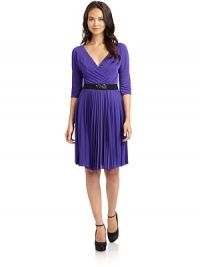 THE LOOKAllover pleatingSurplice V-neckEmbellished belted waistBack zip with hook-and-eye closureTHE FITAbout 36 from shoulder to hemTHE MATERIALPolyester/nylon/spandexFully linedCARE & ORIGINHand washImportedModel shown is 5'8 (172½cm) wearing US size Small. THE LOOKAllover pleatingSurplice V-neckEmbellished belted waistBack zip with hook-and-eye closureTHE FITAbout 36 from shoulder to hemTHE MATERIALPolyester/nylon/spandexFully linedCARE & ORIGINHand washImportedModel shown is 5'8 (172½cm) wearing US size Small.