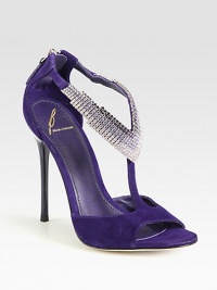 Light-catching Swarovski crystals top this elegant t-strap silhouette, rendered in lush suede. Lacquered heel, 4½ (115mm)Suede upper with Swarovski crystal embellishmentLeather lining and solePadded insoleImported Light-catching Swarovski crystals top this elegant t-strap silhouette, rendered in lush suede. Lacquered heel, 4½ (115mm)Suede upper with Swarovski crystal embellishmentLeather lining and solePadded insoleImported