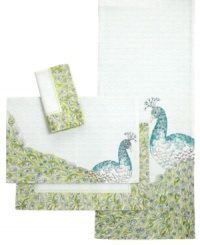 In fine feather, Peacock placemats feature a subtle allover pattern with a teal bird or just its glorious plumes. Loose-woven linens offer a vintage look and easy-care durability for everyday use. A must with Edie Rose by Rachel Bilson dinnerware. In fine feather, Peacock placemats feature a subtle allover pattern with a teal bird or just its glorious plumes. Loose-woven linens offer a vintage look and easy-care durability for everyday use. A must with Edie Rose by Rachel Bilson dinnerware.