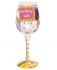 Present this funky wine glass to the birthday girl to kick off a special celebration. In addition to a girly, hand-painted design, this glass features a tasty cocktail recipe printed on its bottom. Present this funky wine glass to the birthday girl to kick off a special celebration. In addition to a girly, hand-painted design, this glass features a tasty cocktail recipe printed on its bottom.