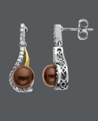 Polished and elegant, these 14k gold and sterling silver drop earrings highlight an intricate filigree setting, a dyed chocolate cultured freshwater pearl (6 mm) and sparkling diamonds (1/10 ct. t.w.). Approximate drop: 3/4 inch. Polished and elegant, these 14k gold and sterling silver drop earrings highlight an intricate filigree setting, a dyed chocolate cultured freshwater pearl (6 mm) and sparkling diamonds (1/10 ct. t.w.). Approximate drop: 3/4 inch.