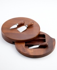 Very clever, this acacia wood cheese board from The Cellar features a hidden layer that swivels out and stores knives for slicing and spreading. A must for every wine and cheese party. Very clever, this acacia wood cheese board from The Cellar features a hidden layer that swivels out and stores knives for slicing and spreading. A must for every wine and cheese party.