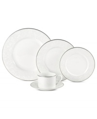 Gracefully understated, the Tanglewood place setting by Mikasa is swept with romantic scrolling florals in pure white. A polished platinum edge refines already-elegant porcelain to enhance every occasion. Gracefully understated, the Tanglewood place setting by Mikasa is swept with romantic scrolling florals in pure white. A polished platinum edge refines already-elegant porcelain to enhance every occasion.