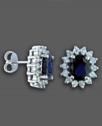 Capture an audience with royalty-inspired earrings featuring oval-cut sapphire (2-7/8 ct. t.w.) and round-cut diamond (3/4 ct. t.w.) set in 14k white gold, from Royalty Inspired by Effy Collection. Approximate diameter: 1/2 inch. Capture an audience with royalty-inspired earrings featuring oval-cut sapphire (2-7/8 ct. t.w.) and round-cut diamond (3/4 ct. t.w.) set in 14k white gold, from Royalty Inspired by Effy Collection. Approximate diameter: 1/2 inch.