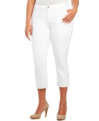 Get a crisp casual look with DKNY Jeans' cropped plus size jeans, showcasing a white wash. Get a crisp casual look with DKNY Jeans' cropped plus size jeans, showcasing a white wash.