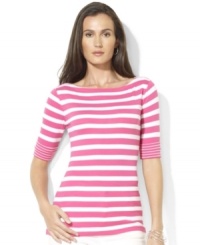 A chic boat neckline infuses this petite classic cotton jersey Lauren by Ralph Lauren tee with breezy, relaxed style. A chic boat neckline infuses this petite classic cotton jersey Lauren by Ralph Lauren tee with breezy, relaxed style.
