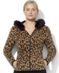 Lauren Ralph Lauren's soft fleece jacket is modernized with a bold leopard print and faux-fur trim at the hood. Lauren Ralph Lauren's soft fleece jacket is modernized with a bold leopard print and faux-fur trim at the hood.