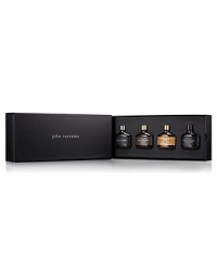 As elegant and masculine as they are intriguing, the subtle power of John Varvatos men's fragrances conveys refinement and the attention to detail so clearly present in each John Varvatos creation.This fragrance coffret includes 0.5 fl. oz. Eau de Toilette deluxe replicas of John Varvatos, John Varvatos Artisan, John Varvatos Artisan Black and John Varvatos Vintage. As elegant and masculine as they are intriguing, the subtle power of John Varvatos men's fragrances conveys refinement and the attention to detail so clearly present in each John Varvatos creation.This fragrance coffret includes 0.5 fl. oz. Eau de Toilette deluxe replicas of John Varvatos, John Varvatos Artisan, John Varvatos Artisan Black and John Varvatos Vintage.
