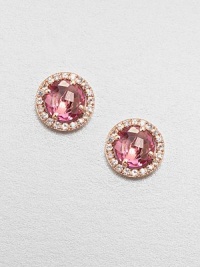 Faceted round pink topaz stones surrounded by dazzling white sapphires set in 14k rose gold. Pink topazWhite sapphire14k rose goldSize, about .3 Post backMade in USA Faceted round pink topaz stones surrounded by dazzling white sapphires set in 14k rose gold. Pink topazWhite sapphire14k rose goldSize, about .3 Post backMade in USA