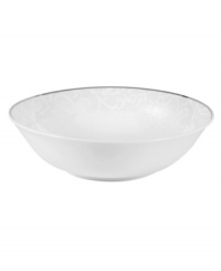 The essence of elegance, this Parchment Pearl vegetable bowl is edged with a delicate scroll design and polished platinum to complement the classic Mikasa dinnerware collection. The essence of elegance, this Parchment Pearl vegetable bowl is edged with a delicate scroll design and polished platinum to complement the classic Mikasa dinnerware collection.