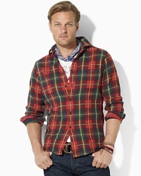 The rugged outdoors look comes to life on this handsome plaid workshirt, tailored for a trim fit in ultra-smooth brushed cotton twill. The rugged outdoors look comes to life on this handsome plaid workshirt, tailored for a trim fit in ultra-smooth brushed cotton twill.