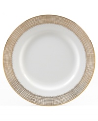 Like fine mesh ribbons, a crisscross of gold bands with platinum accents create this delightfully rustic dinnerware pattern. A beautiful way to bring homespun charm to formal events or exquisite style to every meal. Like fine mesh ribbons, a crisscross of gold bands with platinum accents create this delightfully rustic dinnerware pattern. A beautiful way to bring homespun charm to formal events or exquisite style to every meal.