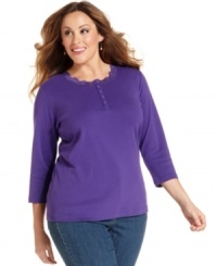 Top off your weekend style with Jones New York Signature's three-quarter-sleeve plus size henley, elegantly accented by lace trim. Top off your weekend style with Jones New York Signature's three-quarter-sleeve plus size henley, elegantly accented by lace trim.