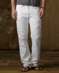 The original straight-fitting jean is updated in attention-grabbing whitewashed denim, finished with plenty of rips and serious shredding for an authentic, worn-in look. The original straight-fitting jean is updated in attention-grabbing whitewashed denim, finished with plenty of rips and serious shredding for an authentic, worn-in look.