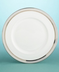 Ribbon Stripe dinner plates are a cultured design inspired by a favorite Paris porcelain tea set. The original, crafted in the late-18th to early-19th century in the north of Paris, featured elaborate, figural hand-painting and lavish gilt accents. In this clean, modern version from Martha Stewart Collection, varying widths of gilt and color banding create a design motif that is spare yet sophisticated, with concentric bands of silver circling the classically styled rims. Ribbon Stripe dinner plates are a cultured design inspired by a favorite Paris porcelain tea set. The original, crafted in the late-18th to early-19th century in the north of Paris, featured elaborate, figural hand-painting and lavish gilt accents. In this clean, modern version from Martha Stewart Collection, varying widths of gilt and color banding create a design motif that is spare yet sophisticated, with concentric bands of silver circling the classically styled rims.