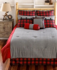 Evoking a distinctly rustic feel, solid gray and red meld with a traditional black and red plaid pattern in this Larson comforter set. Faux leather accents, cord trim and tufted embellishments give this classic and simple look a modern edge. Evoking a distinctly rustic feel, solid gray and red meld with a traditional black and red plaid pattern in this Larson comforter set. Faux leather accents, cord trim and tufted embellishments give this classic and simple look a modern edge.