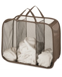The power of three. Reinvent the way you sort, store and do your laundry with the convenience of this mesh triple sorter hamper. Crafted from mesh, so your dirty clothes and linens can breathe, this hamper features three compartments that make it easy to sort lights, darks and medium-colored clothing. The power of three. Reinvent the way you sort, store and do your laundry with the convenience of this mesh triple sorter hamper. Crafted from mesh, so your dirty clothes and linens can breathe, this hamper features three compartments that make it easy to sort lights, darks and medium-colored clothing.
