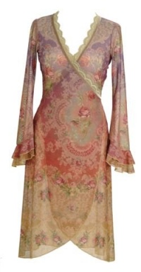 Gradient Red Purple Wrap Cardigan Designed by Michal Negrin with Victorian Floral Pattern, Long Sleeves, Ruffled Cuffs Lace and Velvet Trim - Size M Gradient Red Purple Wrap Cardigan Designed by Michal Negrin with Victorian Floral Pattern, Long Sleeves, Ruffled Cuffs Lace and Velvet Trim - Size M