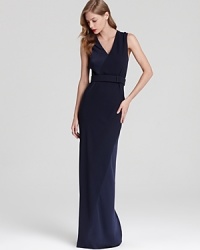 Sleek and statuesque, Halston Heritage's show-stopping column dress lends a streamlined look, mixing satin and chiffon fabrics. Sleek and statuesque, Halston Heritage's show-stopping column dress lends a streamlined look, mixing satin and chiffon fabrics.