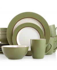 Practical and perfect for every day. Thomson Pottery's Kensington Cedar dinnerware set features durable stoneware place settings pairing glossy white interiors with swaths of matte green and cocoa accents. Practical and perfect for every day. Thomson Pottery's Kensington Cedar dinnerware set features durable stoneware place settings pairing glossy white interiors with swaths of matte green and cocoa accents.